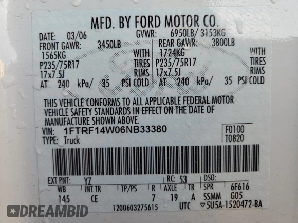 2006 Ford F-150 XL with VIN 1FTRF14W06NB33380, listed as a Copart auction lot 46716815 with 73,037 mi miles and Salvage Title. Bid and sale history available at carsss.com. Image 13.