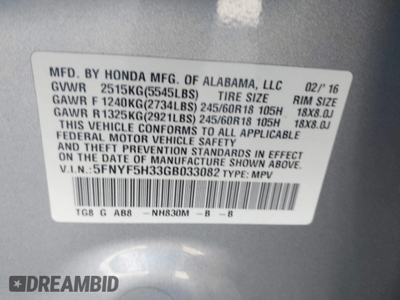 2016 Honda Pilot EX with VIN 5FNYF5H33GB033082, listed as a IAAI auction lot 41699662 with 98,799 mi miles. Bid and sale history available at carsss.com. Image 9.