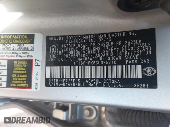 2012 Toyota Camry L with VIN 4T1BF1FK8CU075740, listed as a IAAI auction lot 41412392 with 330,907 mi miles. Bid and sale history available at carsss.com. Image 9.