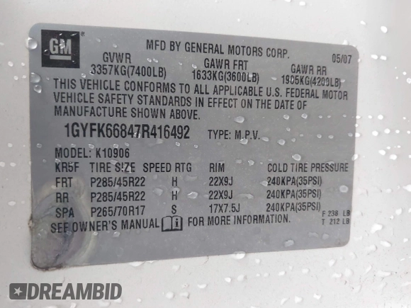 2007 Cadillac Escalade ESV с VIN 1GYFK66847R416492, выставлен на аукционе IAAI как лот 42285359 с пробегом 226 787 миль миль и . История ставок и продаж доступна на DreamBid. Изображение 9.