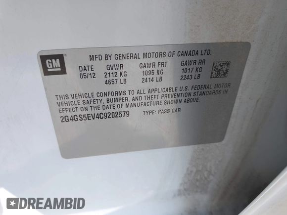 2012 Buick Regal Turbo Premium 1 with VIN 2G4GS5EV4C9202579, listed as a IAAI auction lot 42064182 with 129,730 mi miles and . Bid and sale history available at DreamBid. Image 9.