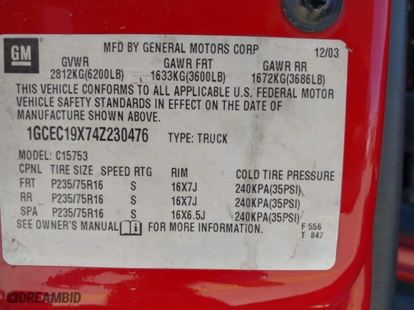 2004 Chevrolet Silverado 1500 Work Truck with VIN 1GCEC19X74Z230476, listed as a IAAI auction lot 41802123 with 242,453 mi miles. Bid and sale history available at carsss.com. Image 9.