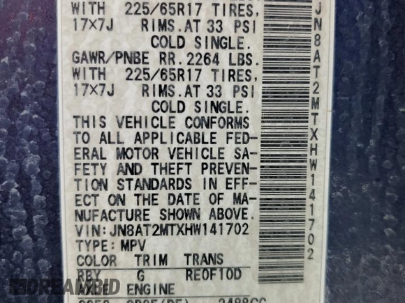 2017 Nissan Rogue SV z VIN JN8AT2MTXHW141702, wystawiony jako Copart lot #53534015 z przebiegiem 120 523 mil mil oraz Szkoda całkowita • Salvage title. Historia ofert i sprzedaży dostępna na DreamBid. Obrazek 14.