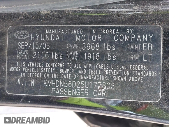 2005 Hyundai Elantra GLS with VIN KMHDN56D25U177803, listed as a IAAI auction lot 41737872 with 189,693 mi miles and . Bid and sale history available at DreamBid. Image 9.