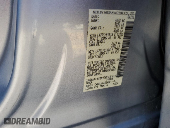 2016 Nissan Titan XD PRO-4X with VIN 1N6BA1F4XGN509643, listed as a Copart auction lot 74530434 with 83,734 mi miles and Clean Title. Bid and sale history available at carsss.com. Image 12.