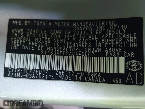 2010 Toyota Corolla with VIN 2T1BU4EE5AC446662, listed as a IAAI auction lot 42670210 with 135,872 mi miles and . Bid and sale history available at DreamBid. Image 9.
