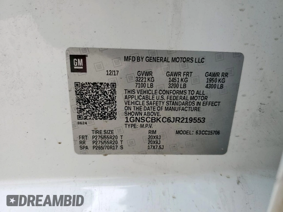 2018 Chevrolet Tahoe LT с VIN 1GNSCBKC6JR219553, выставлен на аукционе Copart как лот 57497755 с пробегом 131 846 миль миль и Списание • Salvage title. История ставок и продаж доступна на DreamBid. Изображение 13.