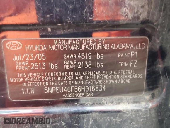 2006 Hyundai Sonata GLS with VIN 5NPEU46F56H016834, listed as a Copart auction lot 51852405 with 154,281 mi miles and Salvage Title. Bid and sale history available at DreamBid. Image 14.