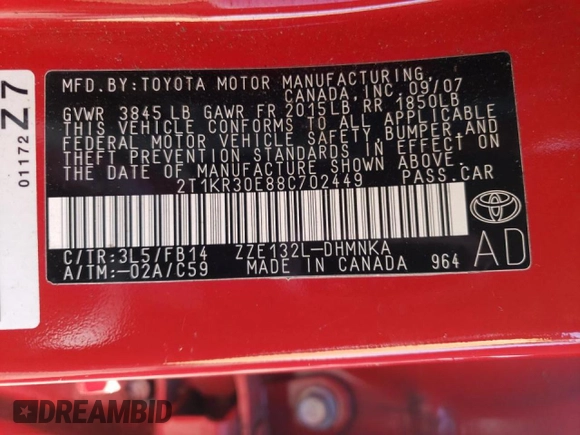 2008 Toyota Matrix STD with VIN 2T1KR30E88C702449, listed as a Copart auction lot 50209775 with 49,294 mi miles and Salvage Title. Bid and sale history available at DreamBid. Image 14.