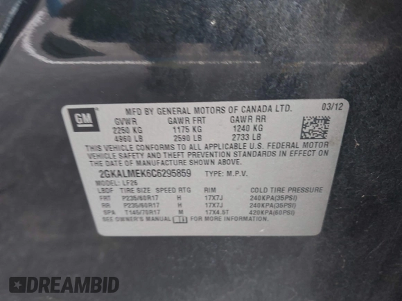 2012 GMC Terrain SLE-1 with VIN 2GKALMEK6C6295859, listed as a IAAI auction lot 42445454 with 241,755 mi miles and . Bid and sale history available at DreamBid. Image 9.