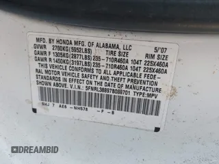 2007 Honda Odyssey Touring с VIN 5FNRL38897B088701, выставлен на аукционе IAAI как лот 41077802 с пробегом 235 821 миль миль и . История ставок и продаж доступна на DreamBid. Изображение 9.