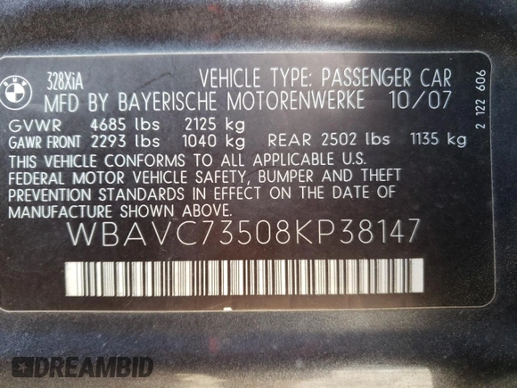 2008 BMW 3 Series 328xi with VIN WBAVC73508KP38147, listed as a Copart auction lot 41448505 with 214,439 mi miles and Clean Title. Bid and sale history available at carsss.com. Image 12.