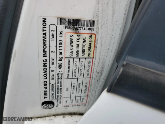 2007 Ford Taurus SEL with VIN 1FAFP56U77A103083, listed as a Copart auction lot 47020215 with 93,449 mi miles and Salvage Title. Bid and sale history available at carsss.com. Image 14.
