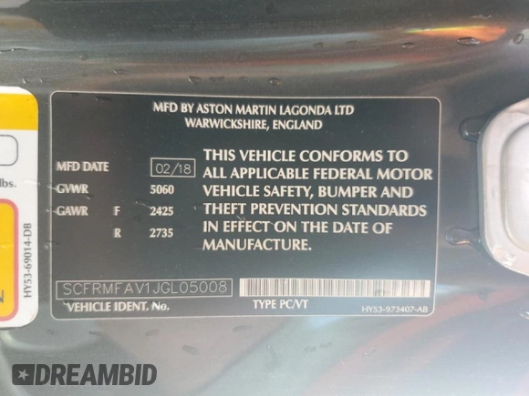 2018 Aston Martin DB11 z VIN SCFRMFAV1JGL05008, wystawiony jako Copart lot #51495205 z przebiegiem 18 133 mil mil oraz Szkoda całkowita • Salvage title. Historia ofert i sprzedaży dostępna na DreamBid. Obrazek 12.