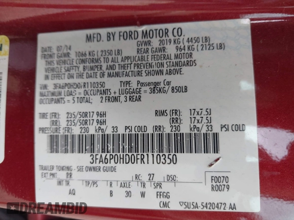 2015 Ford Fusion SE with VIN 3FA6P0HD0FR110350, listed as a IAAI auction lot 42069744 with 114,513 mi miles. Bid and sale history available at carsss.com. Image 9.