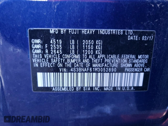 2017 Subaru Legacy Premium with VIN 4S3BNAF61H3052890, listed as a Copart auction lot 84485484 with 69,429 mi miles and Salvage Title. Bid and sale history available at carsss.com. Image 15.