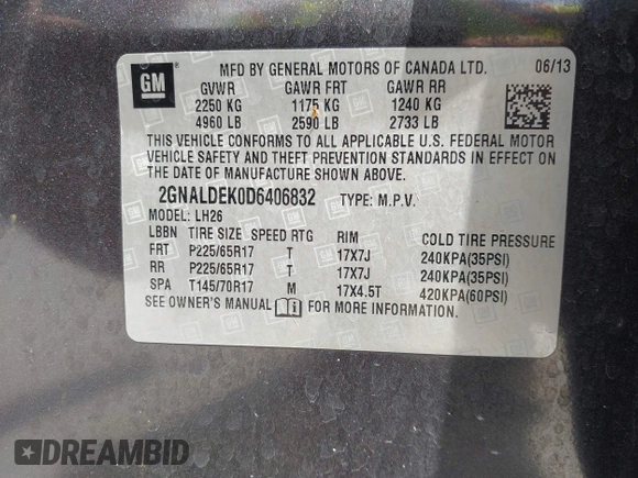 2013 Chevrolet Equinox LT with VIN 2GNALDEK0D6406832, listed as a IAAI auction lot 42180143 with 190,488 mi miles and . Bid and sale history available at carsss.com. Image 9.