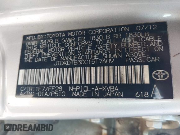 2012 Toyota Prius One with VIN JTDKDTB30C1517609, listed as a IAAI auction lot 42211418 with Not Provided miles and . Bid and sale history available at DreamBid. Image 9.