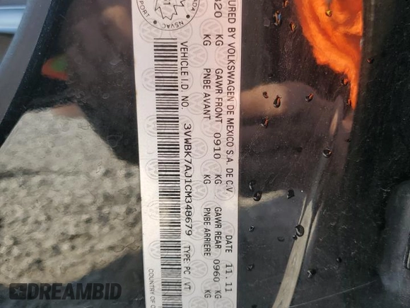 2012 Volkswagen Jetta z VIN 3VWBK7AJ1CM348679, wystawiony jako Copart lot #72050164 z przebiegiem 217 681 mil mil oraz Szkoda całkowita • Salvage title. Historia ofert i sprzedaży dostępna na DreamBid. Obrazek 12.