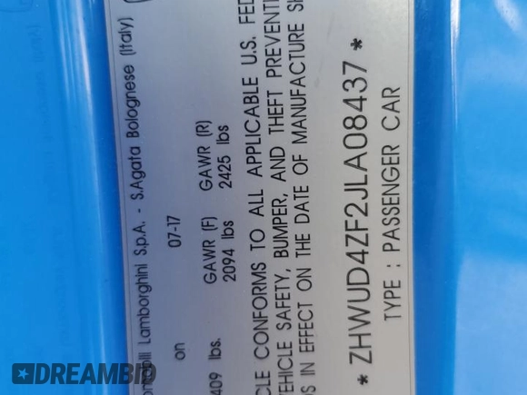 2018 LAMBORGHINI PERFORMANTE z VIN ZHWUD4ZF2JLA08437, wystawiony jako Copart lot #76293594 z przebiegiem Nie podano mil oraz Nie do naprawy • Non repairable. Historia ofert i sprzedaży dostępna na DreamBid. Obrazek 13.