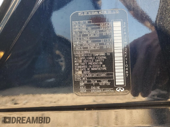2019 Infiniti QX50 Essential with VIN 3PCAJ5M12KF110487, listed as a Copart auction lot 61981945 with 74,743 mi miles and Salvage title. Bid and sale history available at DreamBid. Image 12.