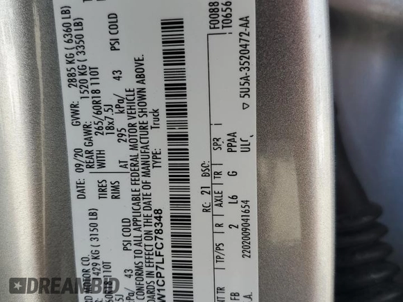 2020 Ford F-150 XL with VIN 1FTEW1CP7LFC78348, listed as a Copart auction lot 85586724 with 91,631 mi miles and Salvage Title. Bid and sale history available at carsss.com. Image 13.