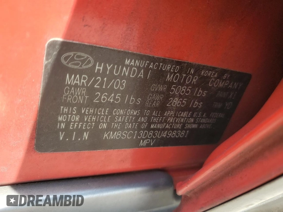 2003 Hyundai Santa Fe GLS z VIN KM8SC13D83U498381, wystawiony jako Copart lot #55393305 z przebiegiem 140 852 mil mil oraz Szkoda całkowita • Salvage title. Historia ofert i sprzedaży dostępna na DreamBid. Obrazek 13.