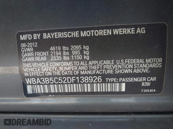 2013 BMW 3 Series 328i xDrive z VIN WBA3B5C52DF138926, wystawiony jako IAAI lot #42256316 z przebiegiem 158 240 mil mil oraz . Historia ofert i sprzedaży dostępna na DreamBid. Obrazek 9.