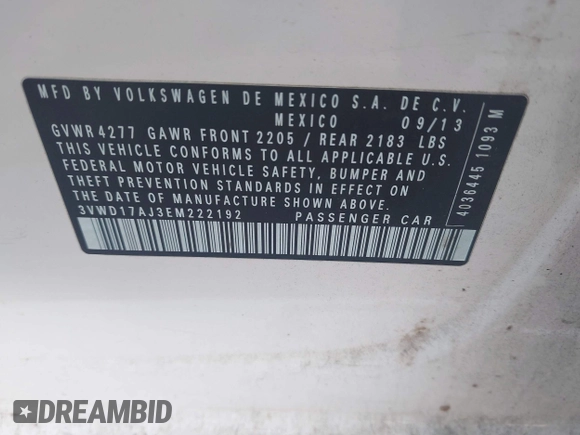 2014 Volkswagen Jetta SE с VIN 3VWD17AJ3EM222192, выставлен на аукционе IAAI как лот 42794521 с пробегом 138 199 миль миль и . История ставок и продаж доступна на DreamBid. Изображение 9.