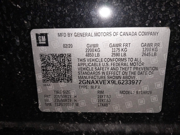 2020 Chevrolet Equinox LT with VIN 2GNAXVEX9L6233977, listed as a IAAI auction lot 41639717 with 39,162 mi miles. Bid and sale history available at carsss.com. Image 9.