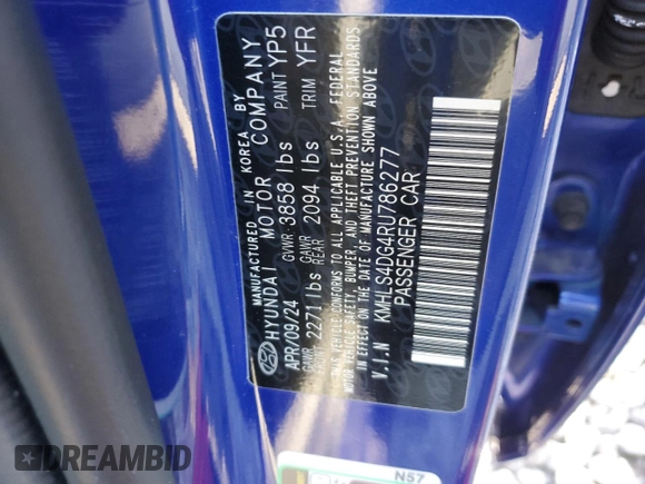 2024 Hyundai Elantra SEL with VIN KMHLS4DG4RU786277, listed as a Copart auction lot 82040184 with 8,561 mi miles and Salvage title. Bid and sale history available at DreamBid. Image 12.