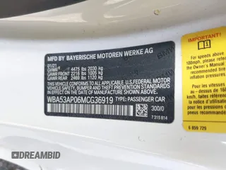 2021 BMW 4 Series 430i with VIN WBA53AP06MCG36919, listed as a IAAI auction lot 41863554 with 33,556 mi miles and . Bid and sale history available at DreamBid. Image 9.