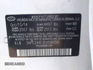 2015 Hyundai Sonata SE with VIN 5NPE24AF3FH108750, listed as a IAAI auction lot 41843880 with 168,561 mi miles and . Bid and sale history available at DreamBid. Image 9.