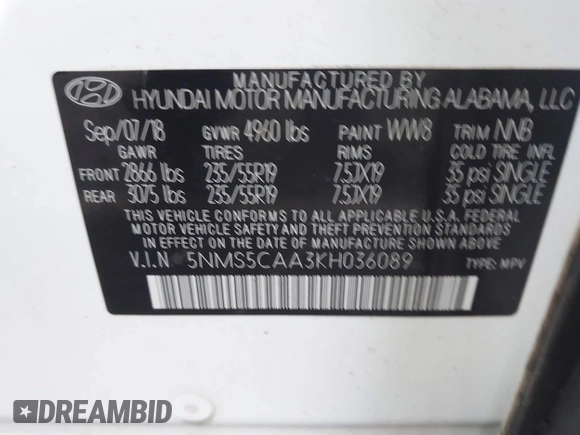 2019 Hyundai Santa Fe Ultimate with VIN 5NMS5CAA3KH036089, listed as a IAAI auction lot 40810710 with 62,561 mi miles and . Bid and sale history available at DreamBid. Image 9.