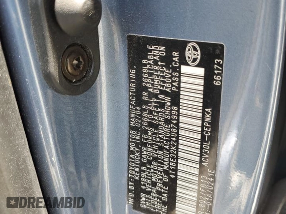 2004 Toyota Camry LE with VIN 4T1BE32K24U874998, listed as a Copart auction lot 53823075 with 256,224 mi miles and Salvage Title. Bid and sale history available at DreamBid. Image 13.