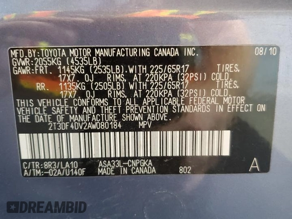 2010 Toyota RAV4 Limited с VIN 2T3DF4DV2AW080184, выставлен на аукционе Copart как лот 62313415 с пробегом 238 228 миль миль и Чистый • Clean title. История ставок и продаж доступна на DreamBid. Изображение 13.