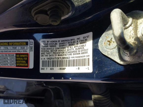 2007 Honda Civic EX with VIN 1HGFA168X7L085563, listed as a IAAI auction lot 41269407 with 162,425 mi miles and . Bid and sale history available at DreamBid. Image 9.