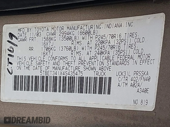 2004 Toyota Tundra SR5 with VIN 5TBET341X4S435475, listed as a IAAI auction lot 41772817 with 286,097 mi miles and . Bid and sale history available at DreamBid. Image 9.