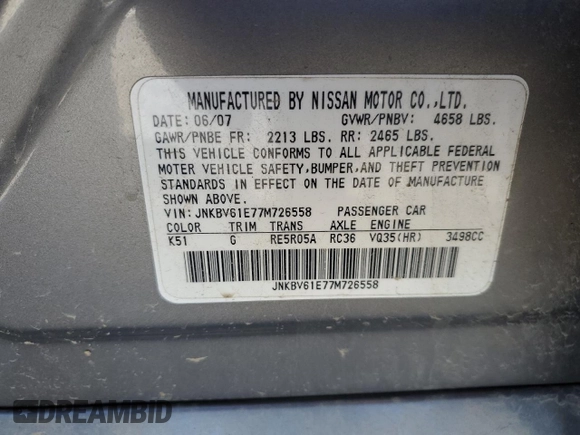 2007 Infiniti G35 Journey with VIN JNKBV61E77M726558, listed as a Copart auction lot 52206864 with 63,670 mi miles and Salvage Title. Bid and sale history available at DreamBid. Image 12.