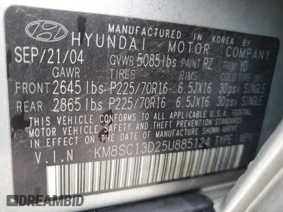 2005 Hyundai Santa Fe GLS with VIN KM8SC13D25U885124, listed as a Copart auction lot 82380954 with 139,606 mi miles and Clean Title. Bid and sale history available at DreamBid. Image 13.