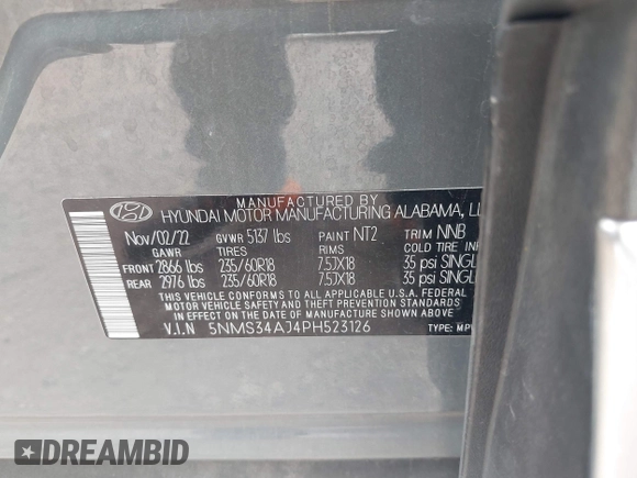 2023 Hyundai Santa Fe SEL z VIN 5NMS34AJ4PH523126, wystawiony jako IAAI lot #42117723 z przebiegiem 61 479 mil mil oraz . Historia ofert i sprzedaży dostępna na DreamBid. Obrazek 9.