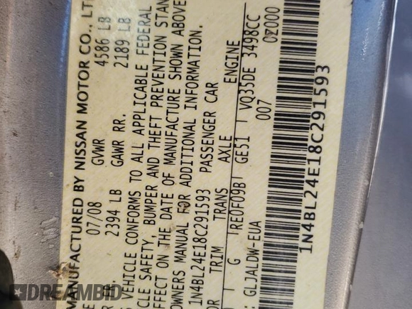 2008 Nissan Altima SE z VIN 1N4BL24E18C291593, wystawiony jako Copart lot #53969095 z przebiegiem 189 605 mil mil oraz Szkoda całkowita • Salvage title. Historia ofert i sprzedaży dostępna na DreamBid. Obrazek 12.