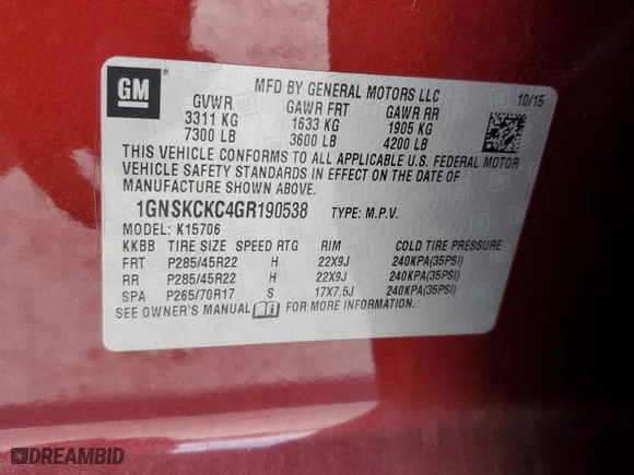 2016 Chevrolet Tahoe LTZ with VIN 1GNSKCKC4GR190538, listed as a Copart auction lot 47345745 with 136,784 mi miles and Salvage Title. Bid and sale history available at carsss.com. Image 15.