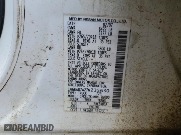 2007 Nissan Titan XE with VIN 1N6BA07A27N235630, listed as a Copart auction lot 47181005 with Not Provided miles and Clean Title. Bid and sale history available at carsss.com. Image 12.