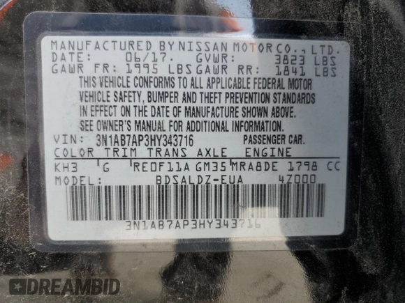 2017 Nissan Sentra S with VIN 3N1AB7AP3HY343716, listed as a Copart auction lot 47600175 with 132,836 mi miles and Clean Title. Bid and sale history available at carsss.com. Image 12.