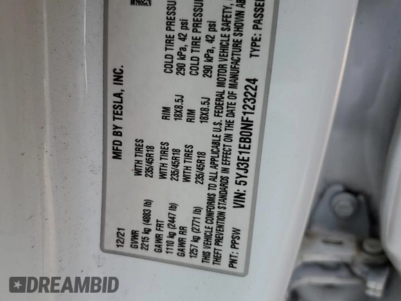 2022 Tesla Model 3 Long Range with VIN 5YJ3E1EB0NF123224, listed as a Copart auction lot 49890205 with 68,594 mi miles and Salvage Title. Bid and sale history available at DreamBid. Image 13.