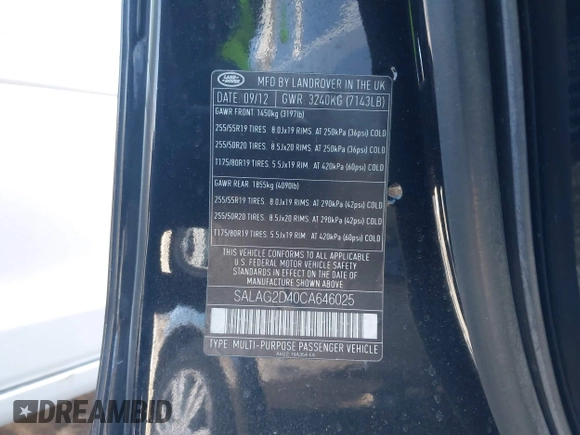 2012 Land Rover LR4 HSE with VIN SALAG2D40CA646025, listed as a IAAI auction lot 41649185 with 106,029 mi miles and . Bid and sale history available at DreamBid. Image 9.