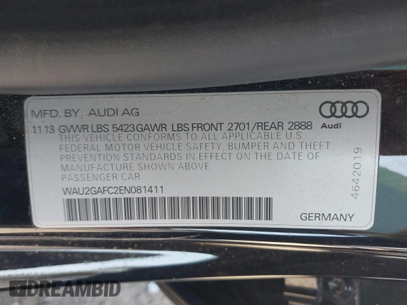 2014 Audi A7 Prestige with VIN WAU2GAFC2EN081411, listed as a IAAI auction lot 41993803 with 66,008 mi miles and . Bid and sale history available at DreamBid. Image 9.