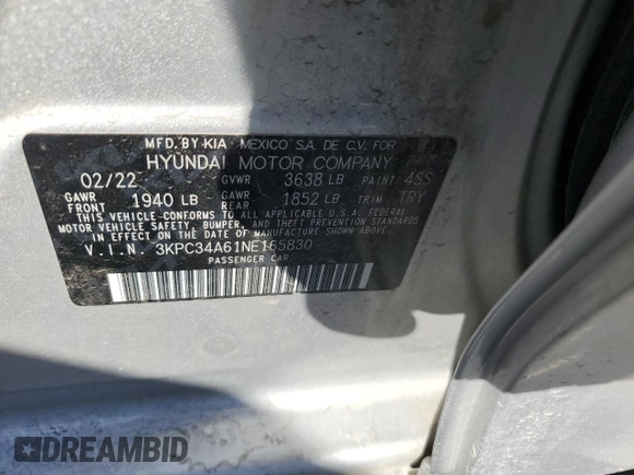2022 Hyundai Accent Limited with VIN 3KPC34A61NE165830, listed as a Copart auction lot 46813205 with 33,461 mi miles and Salvage Title. Bid and sale history available at carsss.com. Image 12.