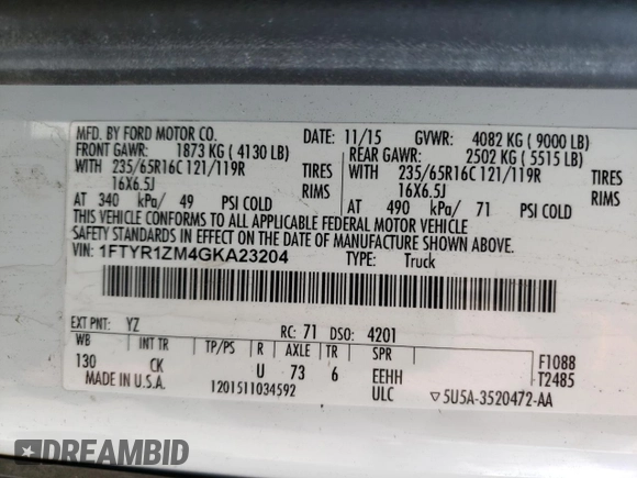 2016 Ford Transit Cargo z VIN 1FTYR1ZM4GKA23204, wystawiony jako Copart lot #55861645 z przebiegiem 222 430 mil mil oraz Szkoda całkowita • Salvage title. Historia ofert i sprzedaży dostępna na DreamBid. Obrazek 13.